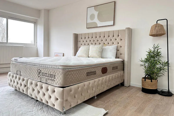 Lit Coffre MARRAKECH BEIGE - Velours capitonné - Module Rêve Maroc