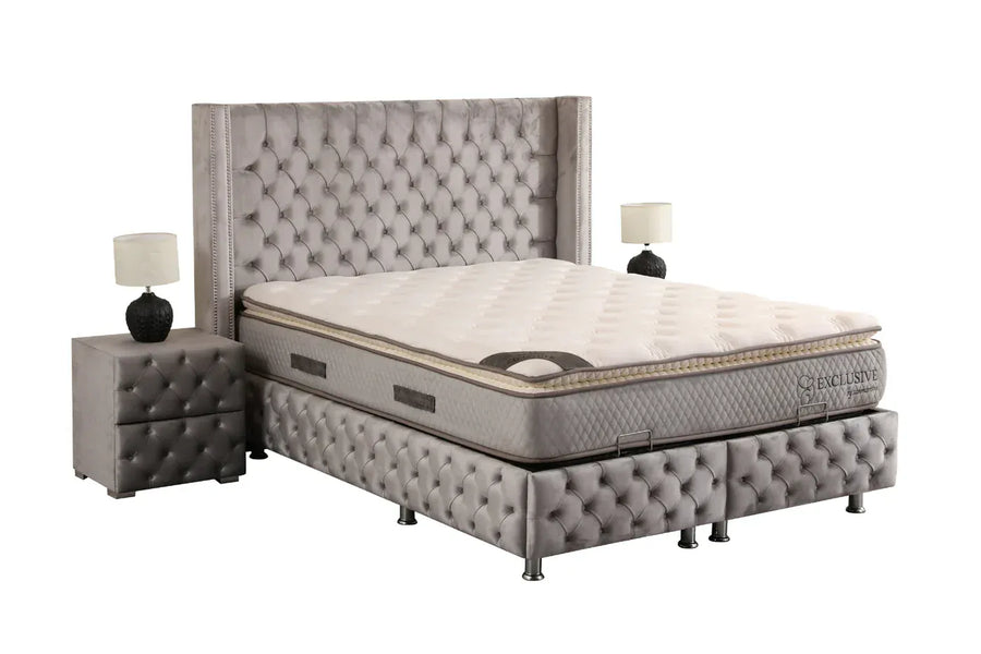 Lit Coffre MARRAKECH GRIS - Velours capitonné - Module Rêve Maroc