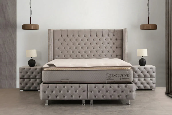Lit Coffre MARRAKECH GRIS - Velours capitonné - Module Rêve Maroc