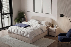Lit coffre GENÈVE chenille beige — tête de lit arrondie, Module Rêve Maroc