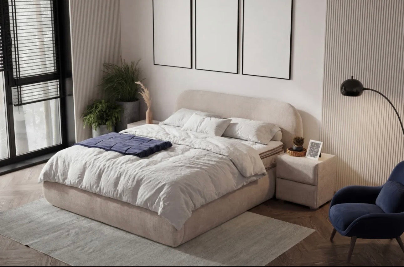 Lit coffre GENÈVE chenille beige — tête de lit arrondie, Module Rêve Maroc