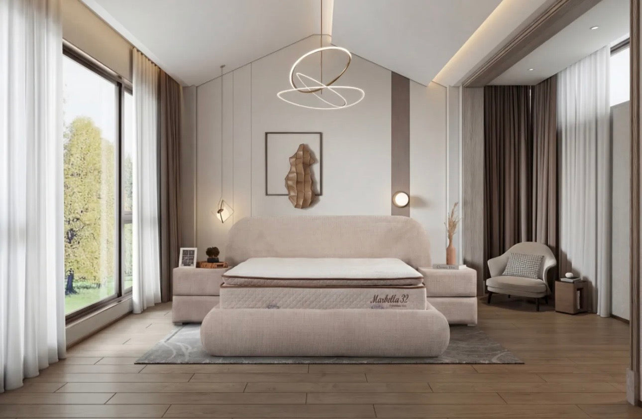 Lit coffre GENÈVE beige avec matelas — vue de profil