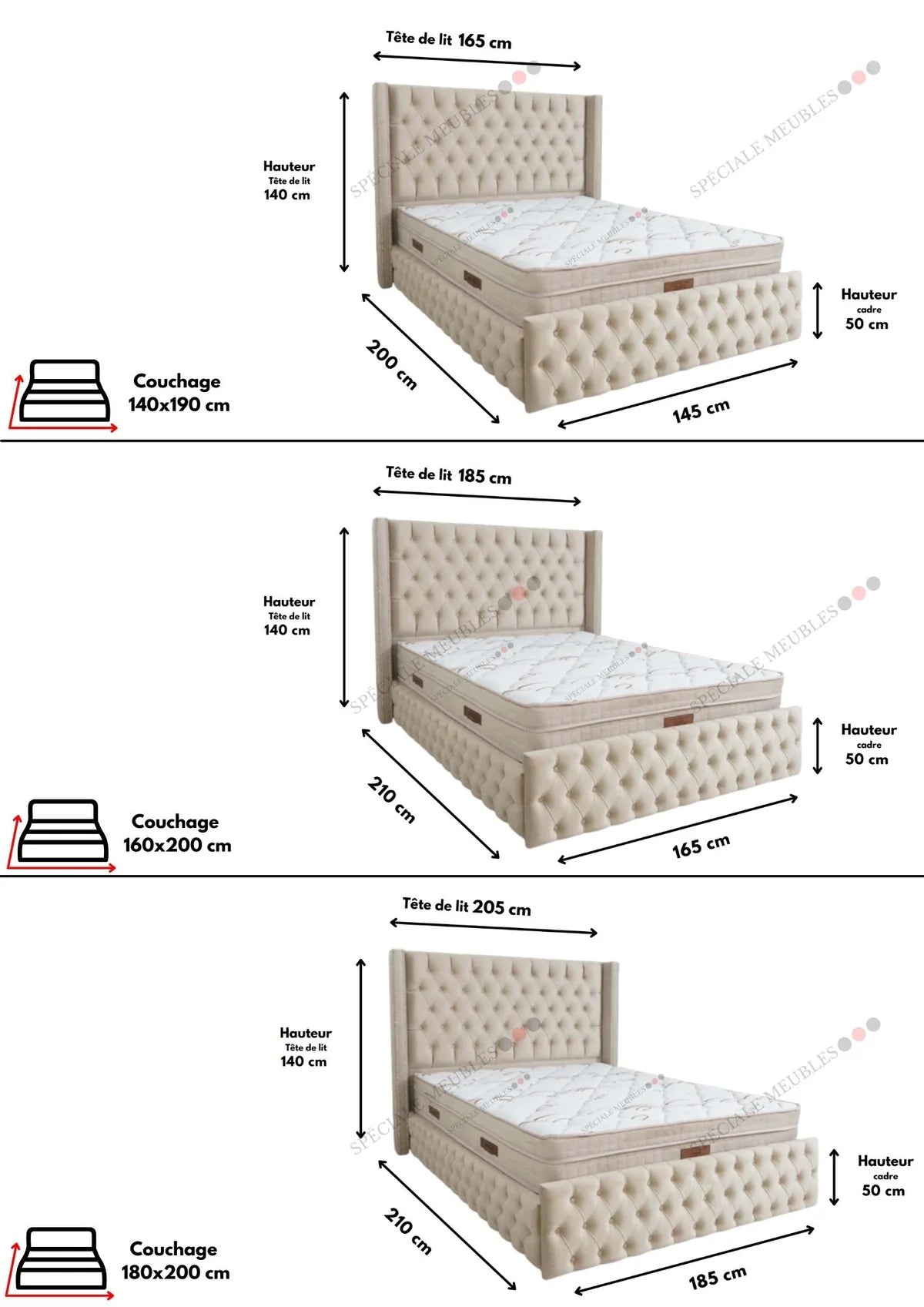 Dimension de couchage Cadre De Lit CLOUTE BEIGE - Velours capitonné - Module Rêve  Maroc