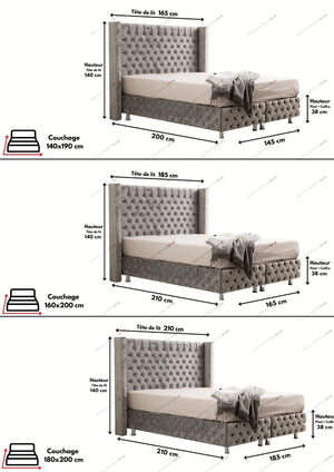 Lit Coffre MARRAKECH GRIS DIMENSION - Velours capitonné - Module Rêve  Maroc