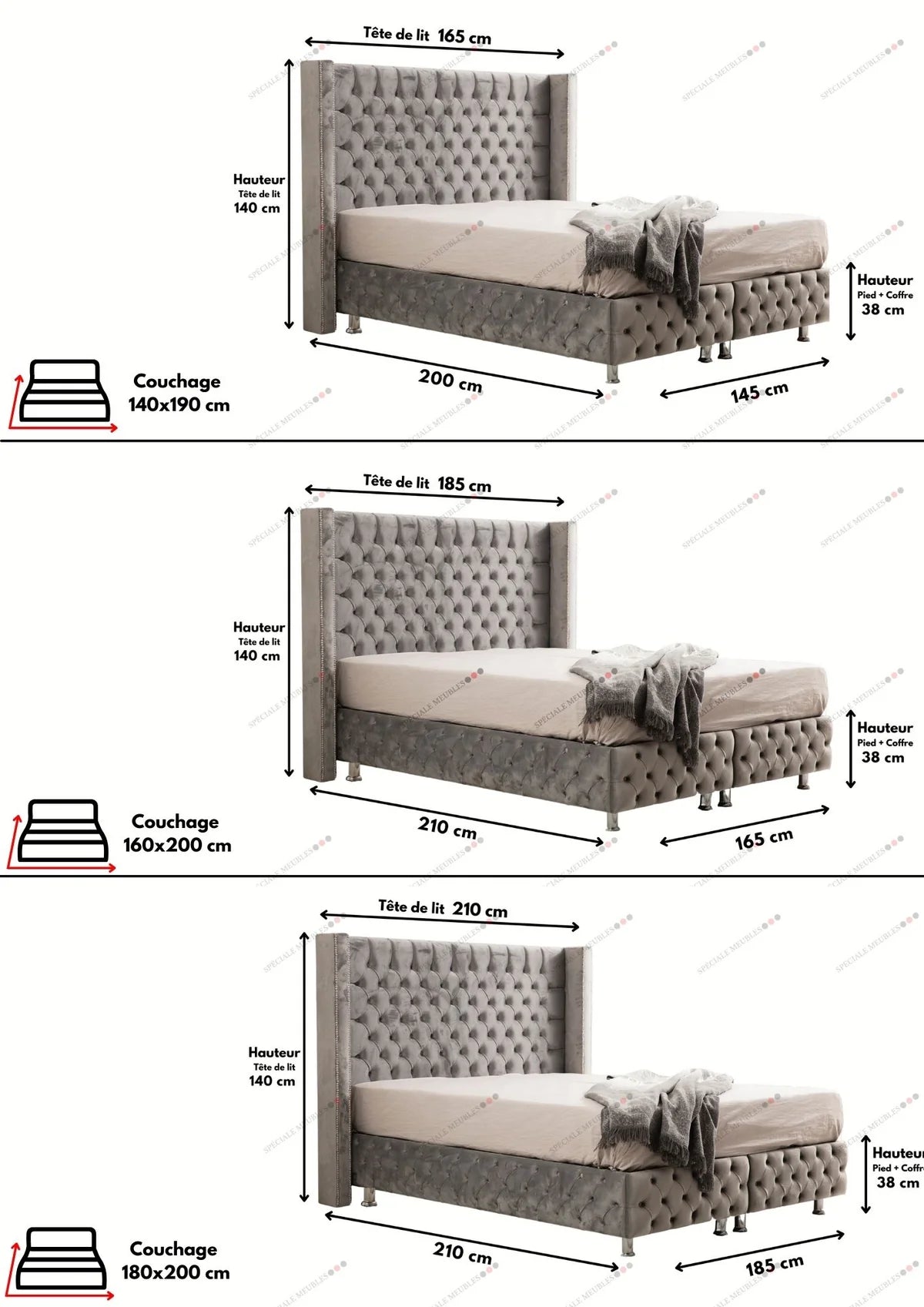 Lit Coffre MARRAKECH GRIS DIMENSION - Velours capitonné - Module Rêve  Maroc