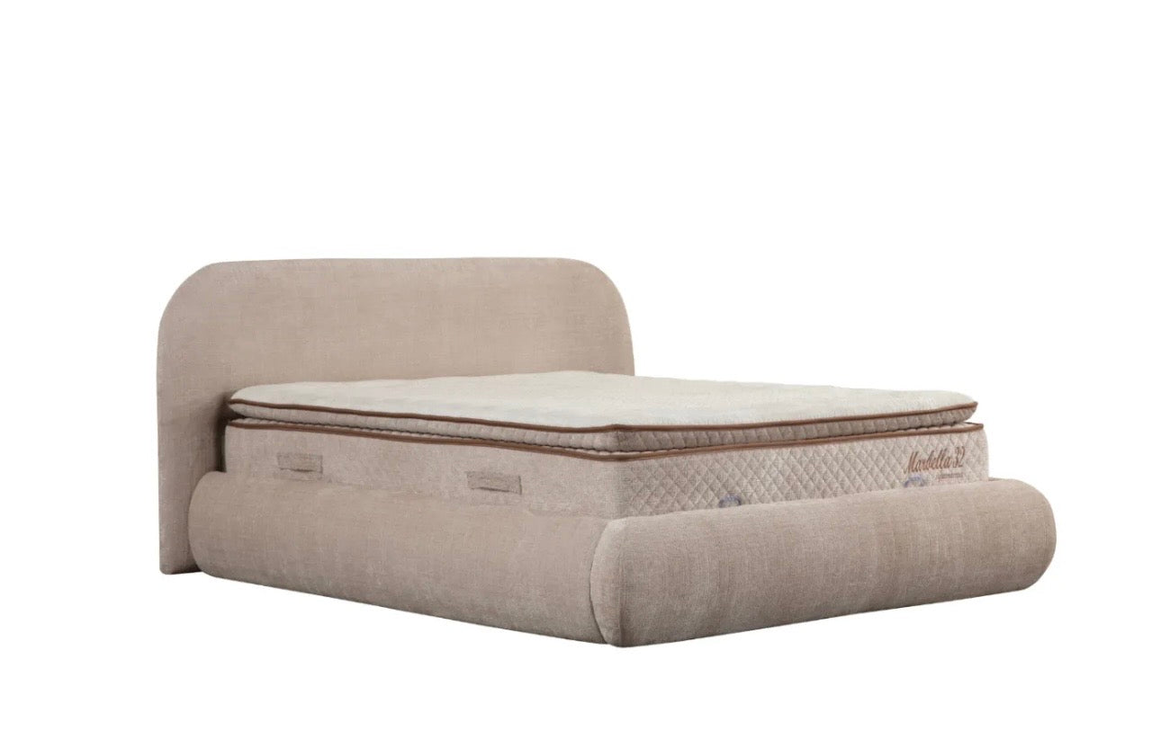 Lit coffre GENÈVE chenille beige — design organique haut de gamme