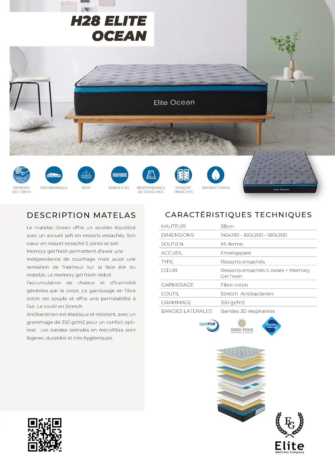 Matelas à ressorts ensachés Élite Océan 28cm - Module Rêve  Maroc