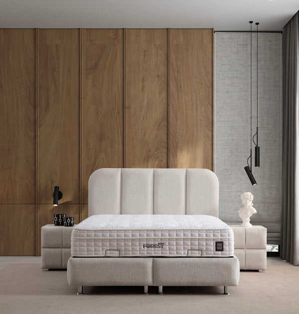 Lit Coffre OSLO Chenille blanc cassé — lit coffre maroc — Module Rêve Maroc