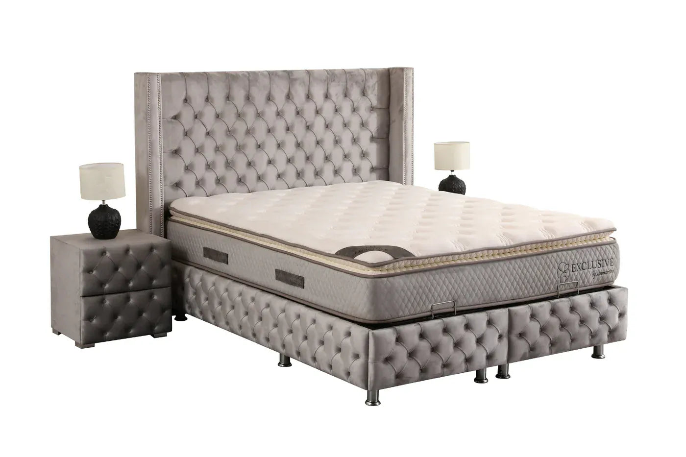 Lit Coffre MARRAKECH GRIS - Velours capitonné - Module Rêve  Maroc