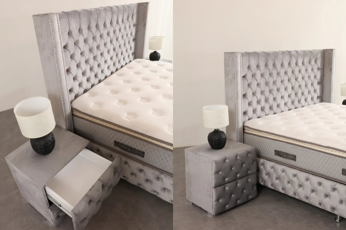 Lit Coffre MARRAKECH GRIS - Velours capitonné - Module Rêve  Maroc