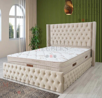 Cadre de Lit CLOUTÉ Beige — Velours Capitonné | Maroc