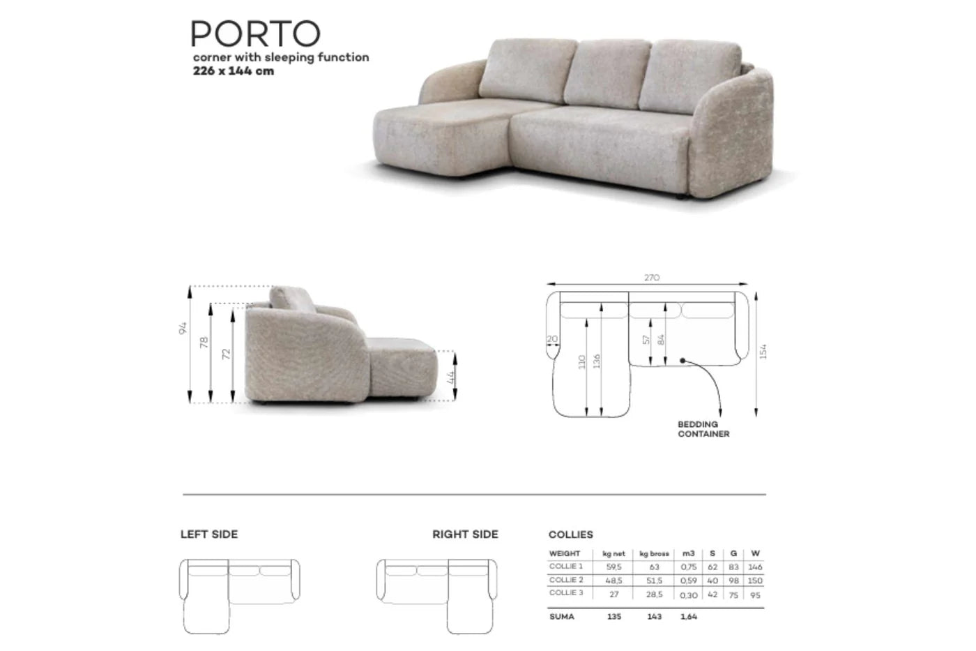 Canapé D'angle convertible Porto Marbella Blanc Cassé